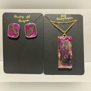 Celestial Pink Resin Jewelry Set–Handmade Necklace & Stud Earrings– Gift for Her